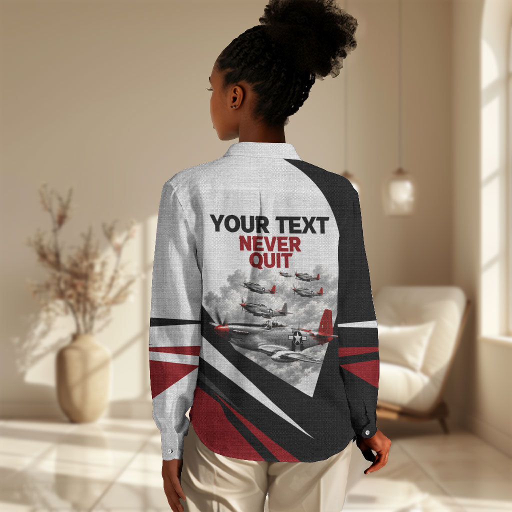 Personalized Tuskegee Airmen Women Casual Shirt Red Tails P-51 Mustang WWII Aviation Never Quit