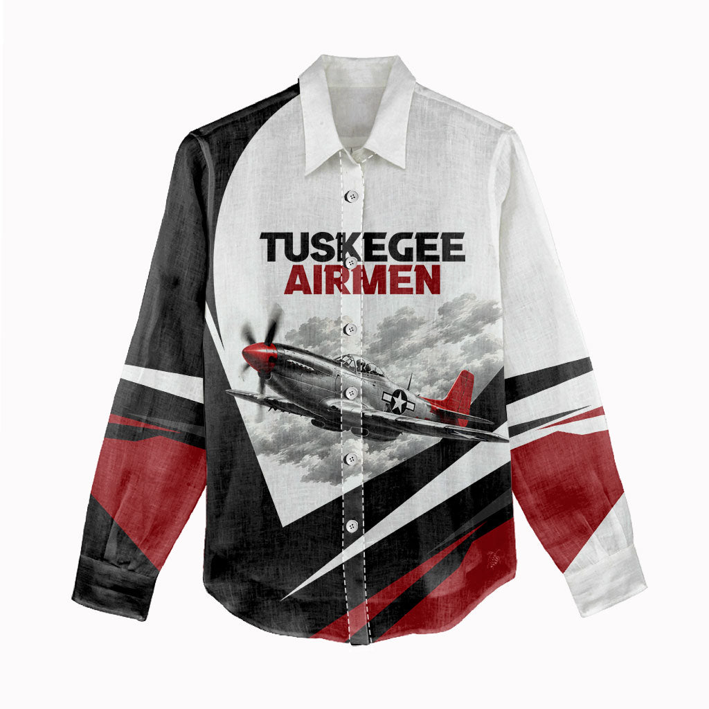 Personalized Tuskegee Airmen Women Casual Shirt Red Tails P-51 Mustang WWII Aviation Never Quit
