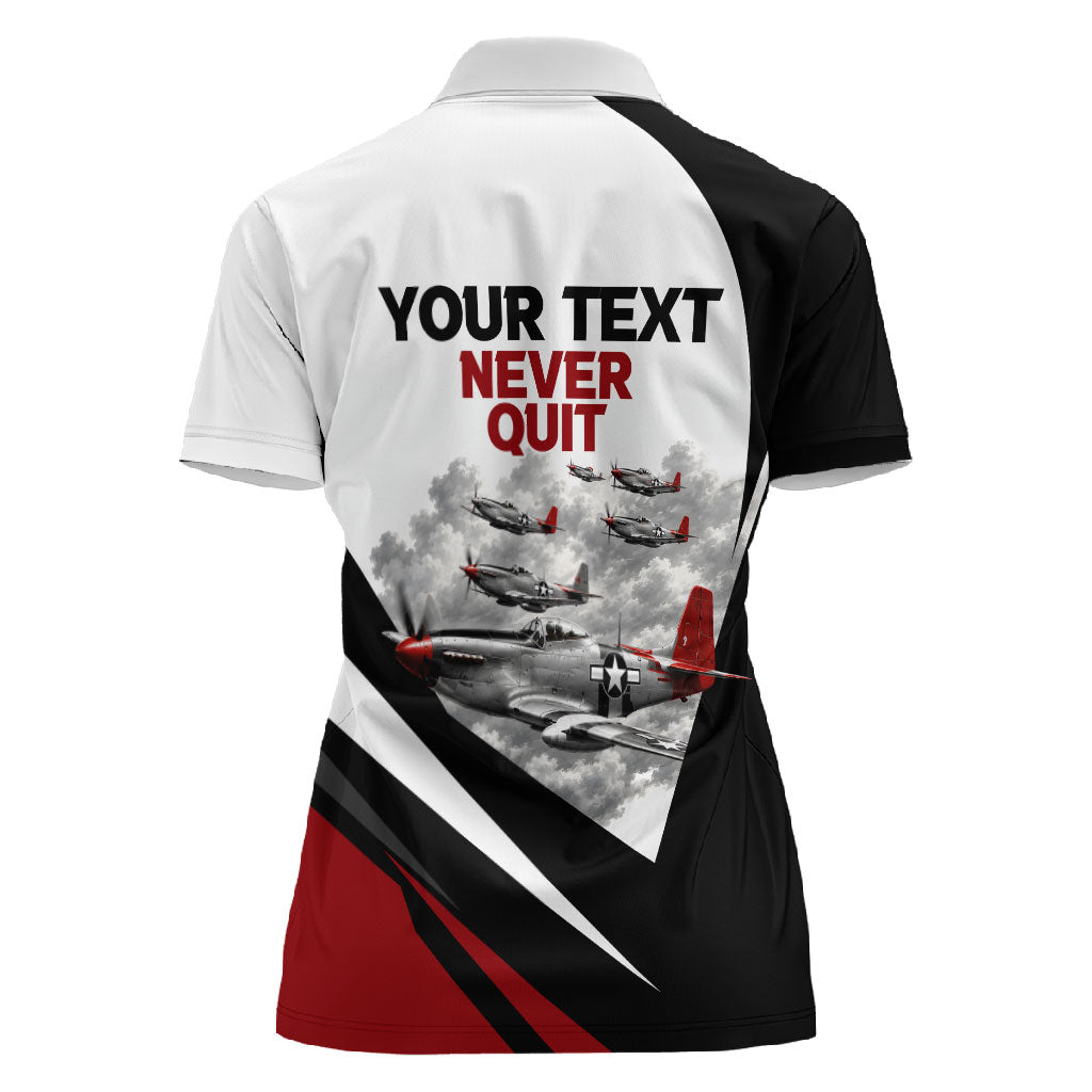 Personalized Tuskegee Airmen Women Polo Shirt Red Tails P-51 Mustang WWII Aviation Never Quit