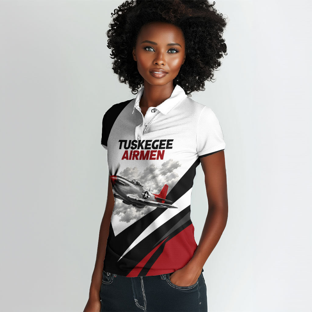 Personalized Tuskegee Airmen Women Polo Shirt Red Tails P-51 Mustang WWII Aviation Never Quit