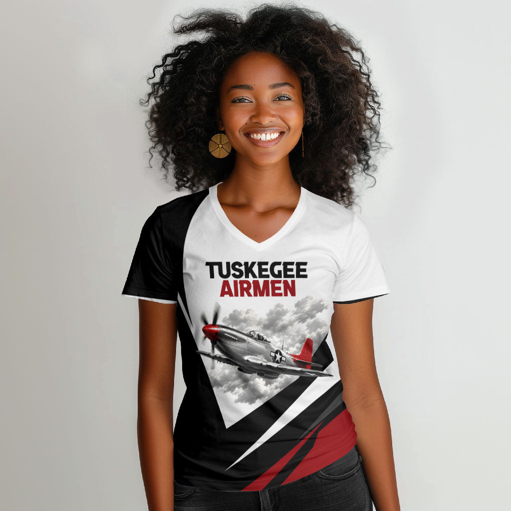 Personalized Tuskegee Airmen Women V-Neck T-Shirt Red Tails P-51 Mustang WWII Aviation Never Quit