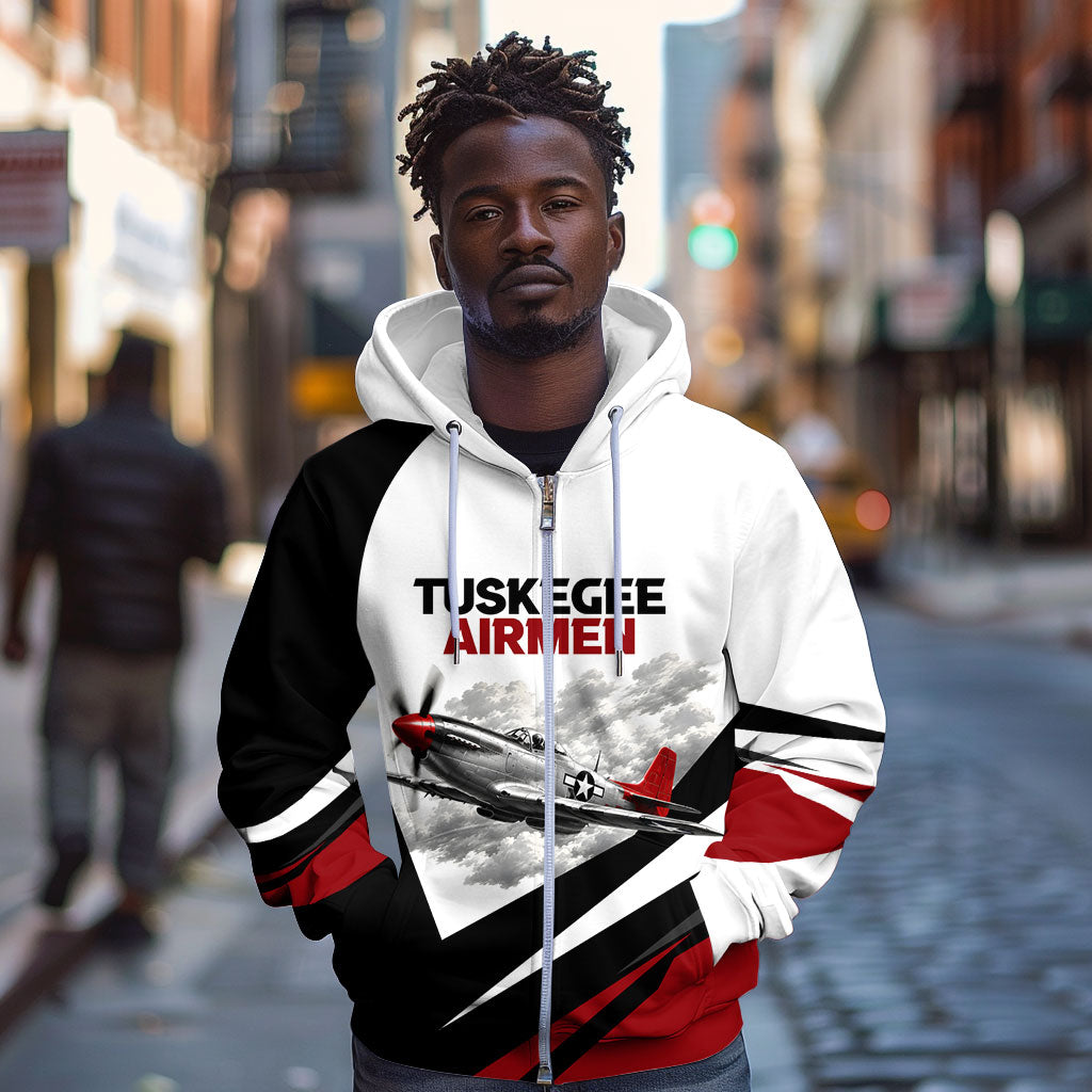 Personalized Tuskegee Airmen Zip Hoodie Red Tails P-51 Mustang WWII Aviation Never Quit