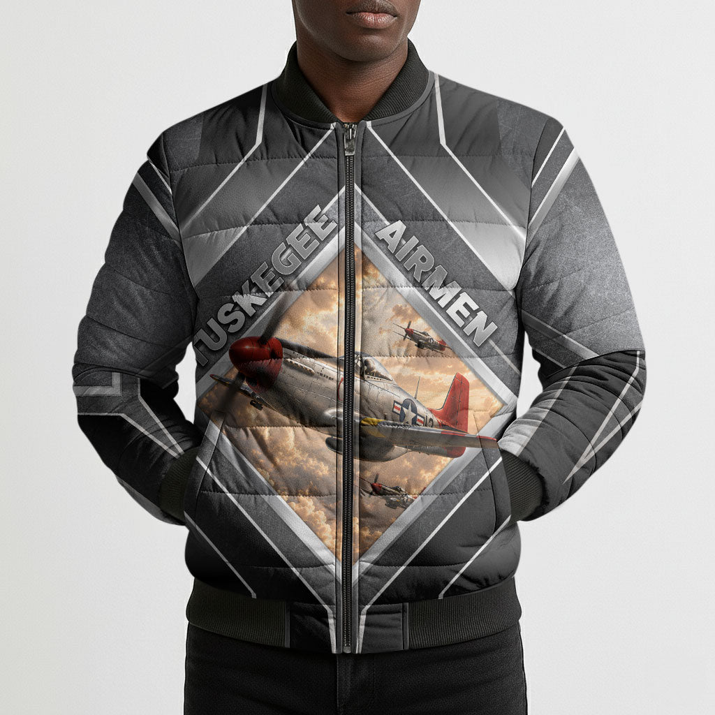 Personalized Tuskegee Airmen Bomber Puffer Jacket Vintage WWII Aviation History Graphic Art