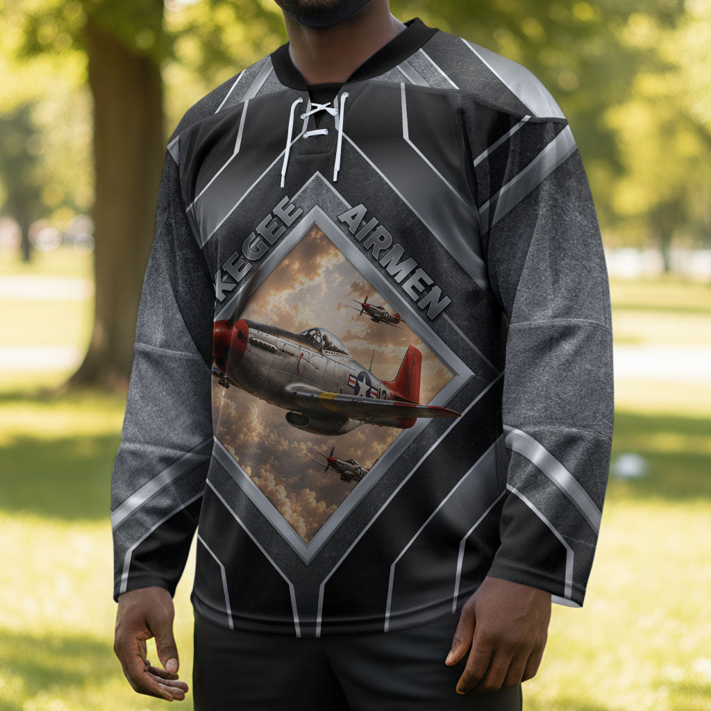 Personalized Tuskegee Airmen Hockey Jersey Vintage WWII Aviation History Graphic Art