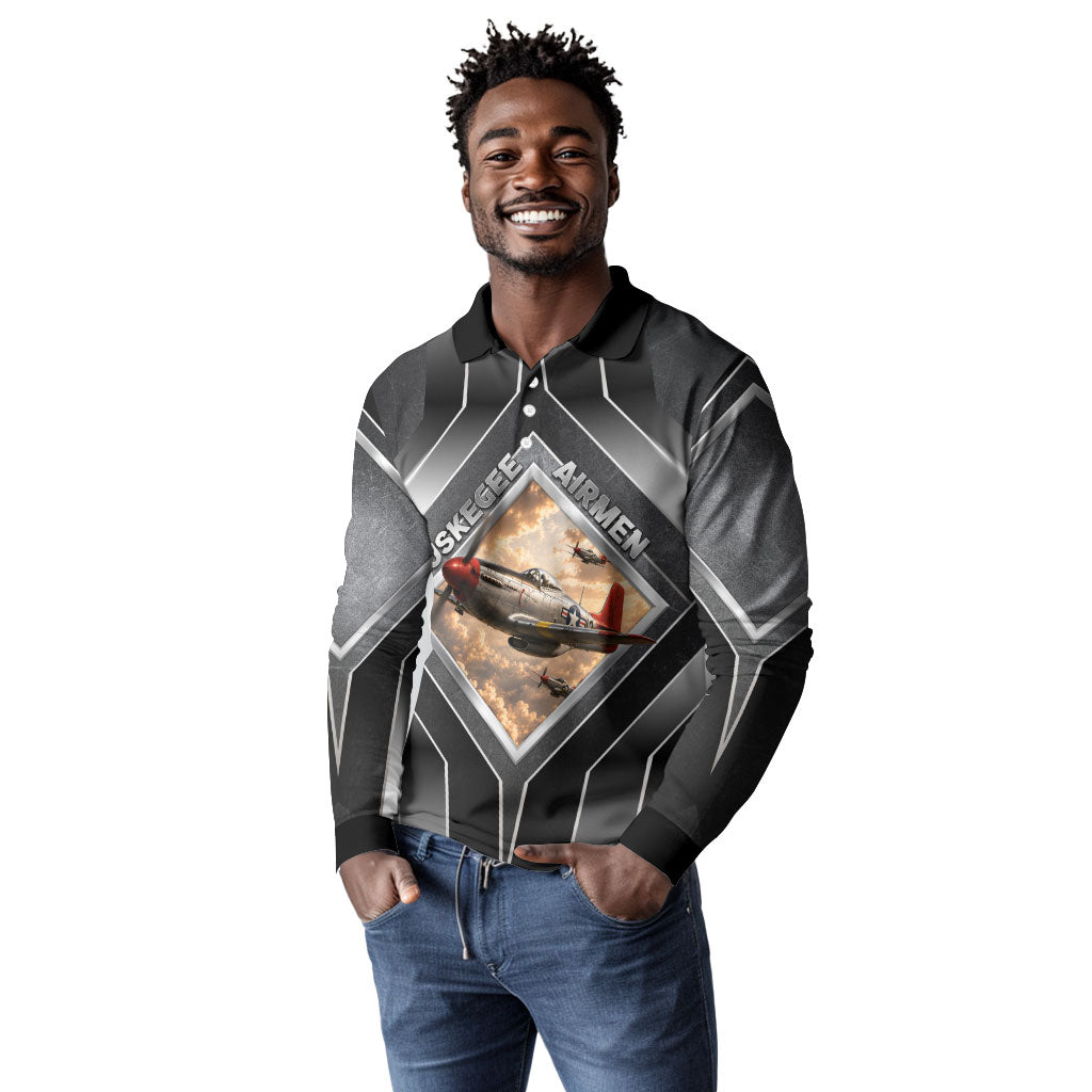 Personalized Tuskegee Airmen Long Sleeve Polo Shirt Vintage WWII Aviation History Graphic Art