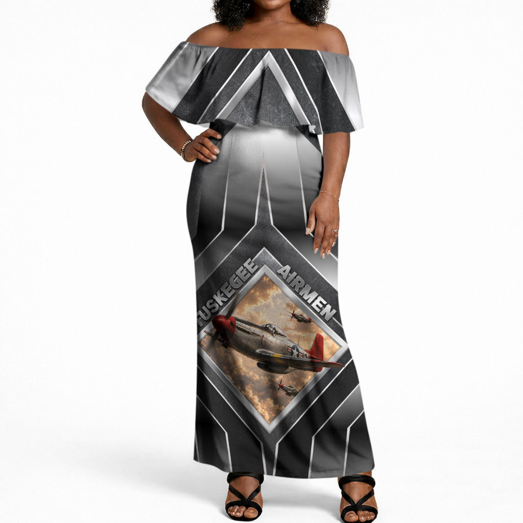Personalized Tuskegee Airmen Off Shoulder Maxi Dress Vintage WWII Aviation History Graphic Art