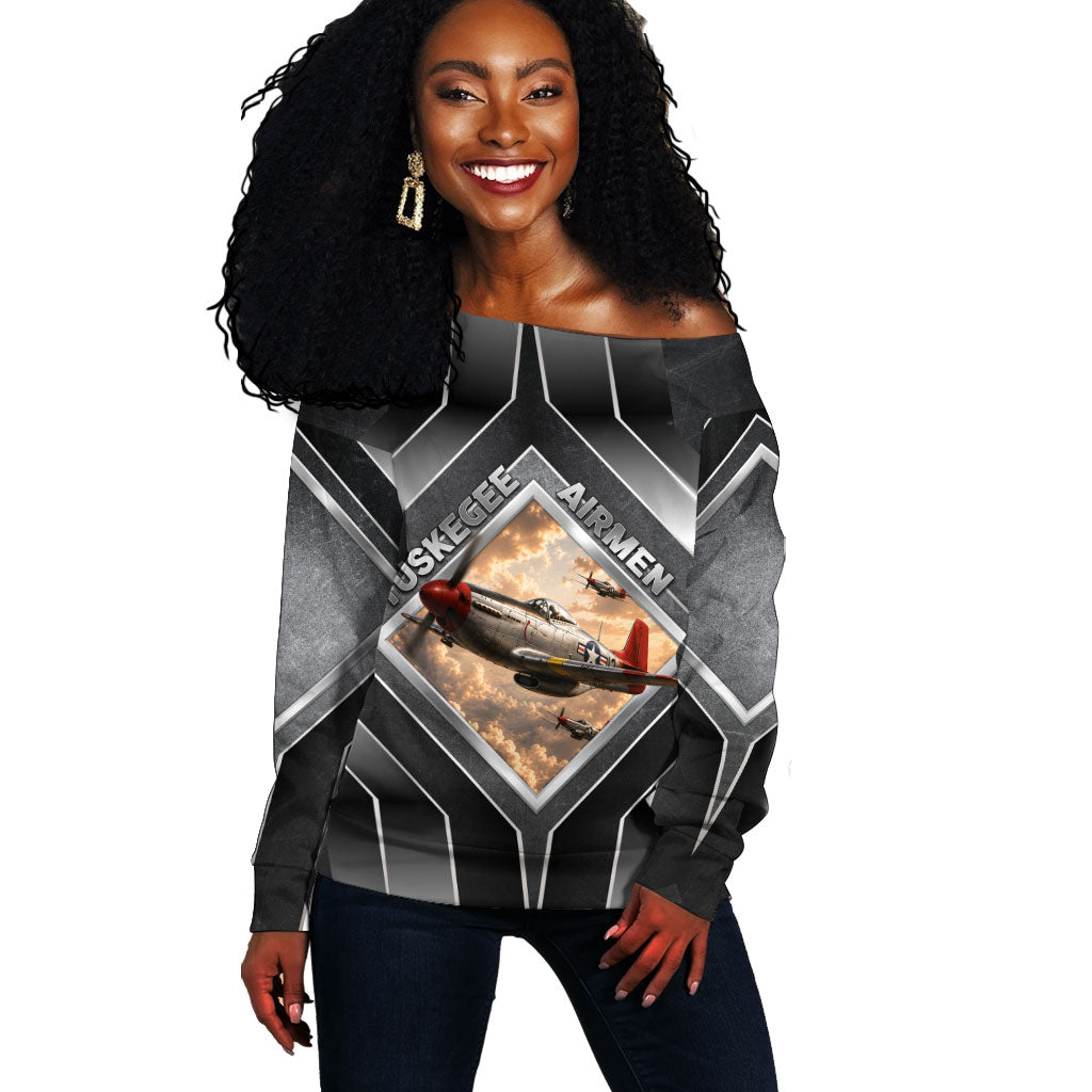 Personalized Tuskegee Airmen Off Shoulder Sweater Vintage WWII Aviation History Graphic Art