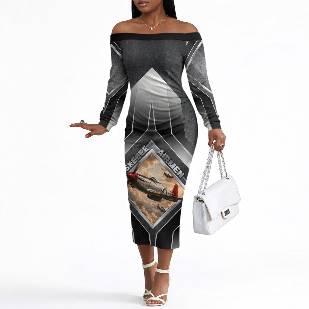 Personalized Tuskegee Airmen Off The Shoulder Long Sleeve Dress Vintage WWII Aviation History Graphic Art