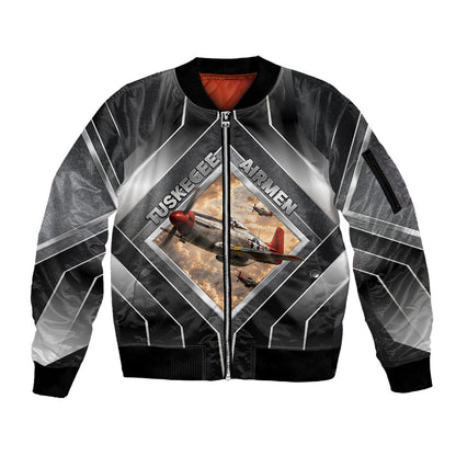 Personalized Tuskegee Airmen Sleeve Zip Bomber Jacket Vintage WWII Aviation History Graphic Art