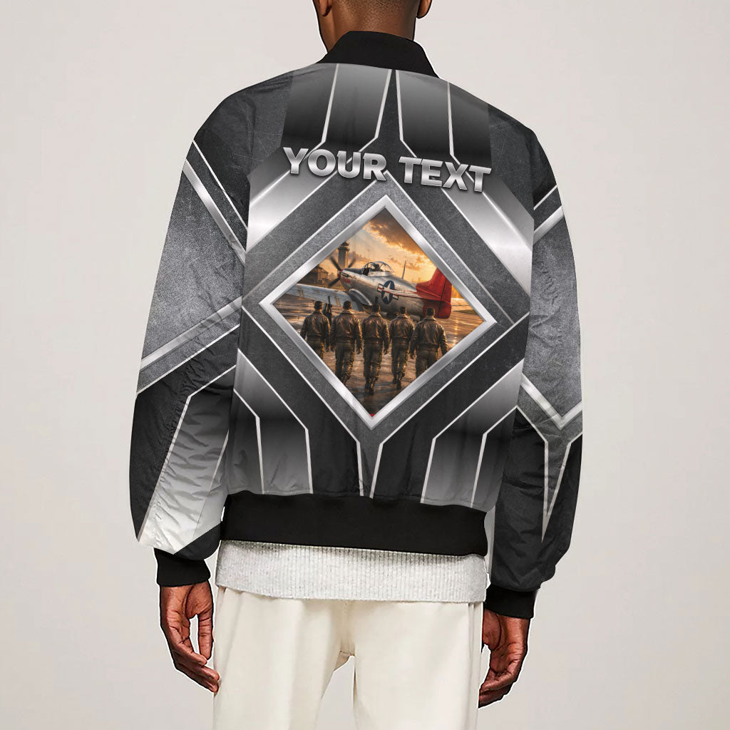 Personalized Tuskegee Airmen Sleeve Zip Bomber Jacket Vintage WWII Aviation History Graphic Art