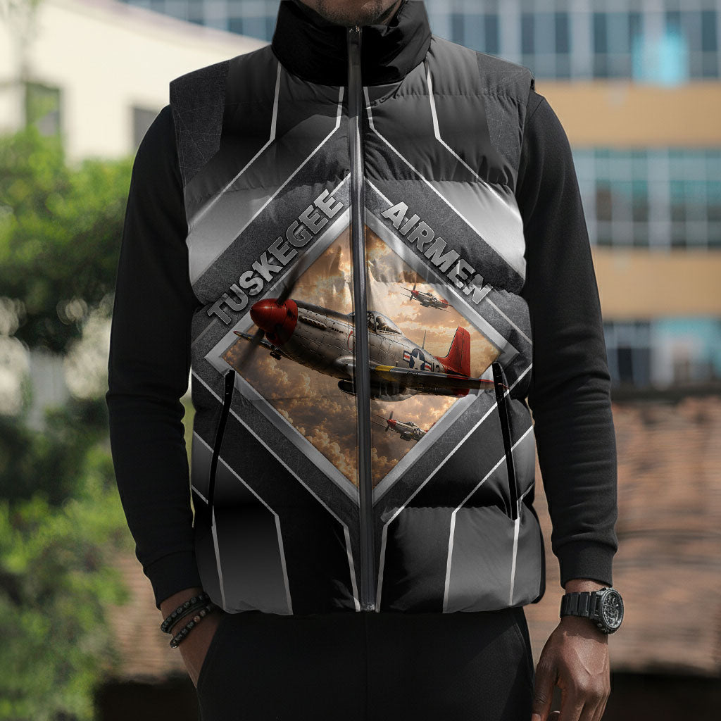 Personalized Tuskegee Airmen Sleeveless Puffer Jacket Vintage WWII Aviation History Graphic Art