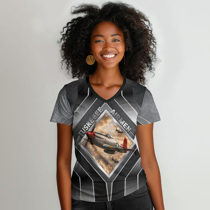 Personalized Tuskegee Airmen Women V-Neck T-Shirt Vintage WWII Aviation History Graphic Art