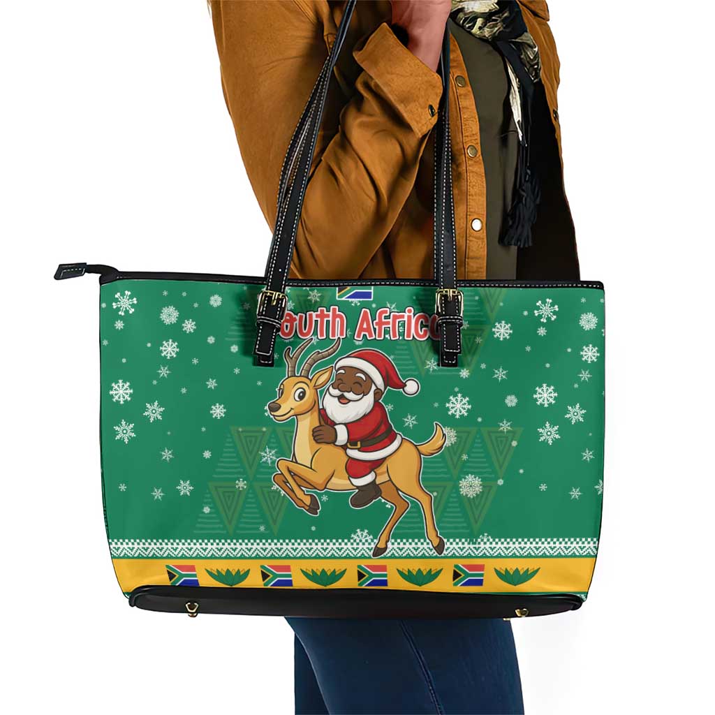 South Africa Christmas Leather Tote Bag Santa Reindeer and Africa Map - African Pride