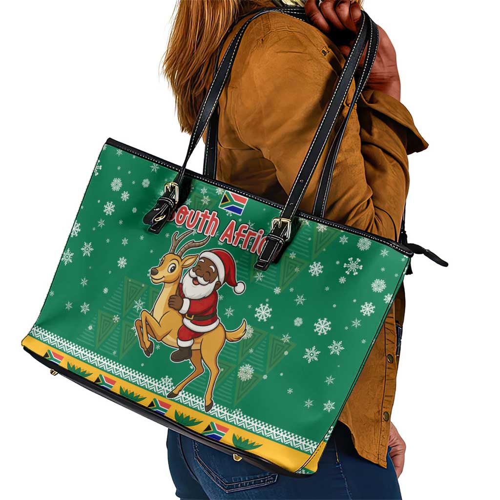 South Africa Christmas Leather Tote Bag Santa Reindeer and Africa Map - African Pride