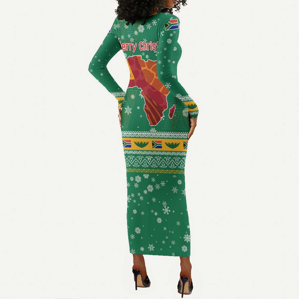 South Africa Christmas Long Sleeve Bodycon Dress Santa Reindeer and Africa Map - African Pride