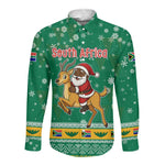 South Africa Christmas Long Sleeve Button Shirt Santa Reindeer and Africa Map - African Pride