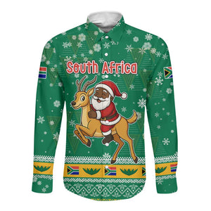 South Africa Christmas Long Sleeve Button Shirt Santa Reindeer and Africa Map - African Pride