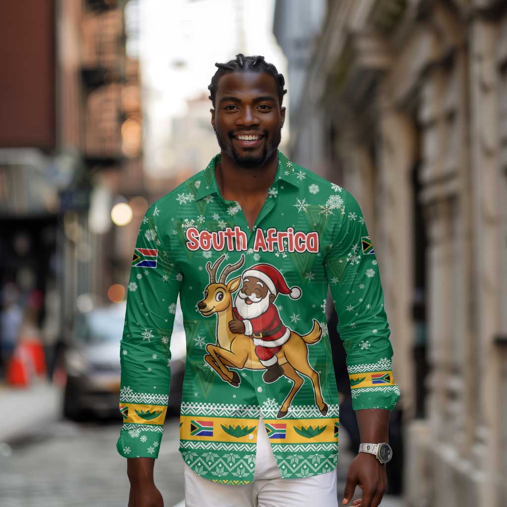South Africa Christmas Long Sleeve Button Shirt Santa Reindeer and Africa Map - African Pride