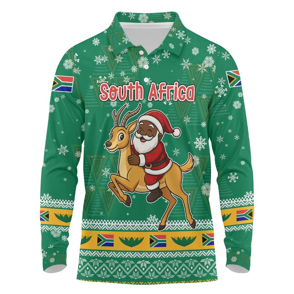 South Africa Christmas Long Sleeve Polo Shirt Santa Reindeer and Africa Map - African Pride