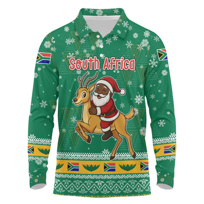 South Africa Christmas Long Sleeve Polo Shirt Santa Reindeer and Africa Map - African Pride