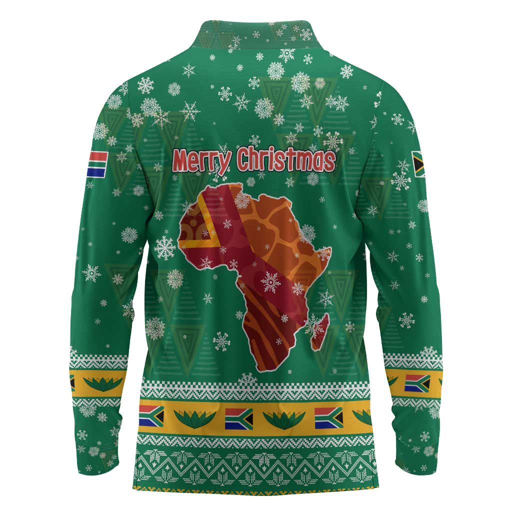 South Africa Christmas Long Sleeve Polo Shirt Santa Reindeer and Africa Map - African Pride
