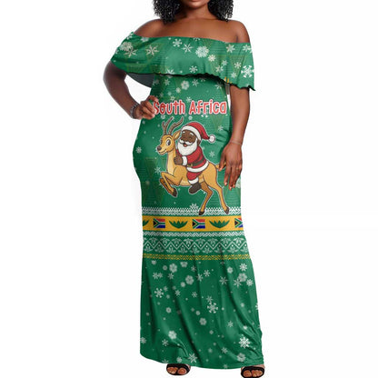 South Africa Christmas Off Shoulder Maxi Dress Santa Reindeer and Africa Map - African Pride