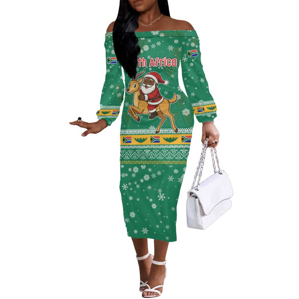 South Africa Christmas Off The Shoulder Long Sleeve Dress Santa Reindeer and Africa Map - African Pride