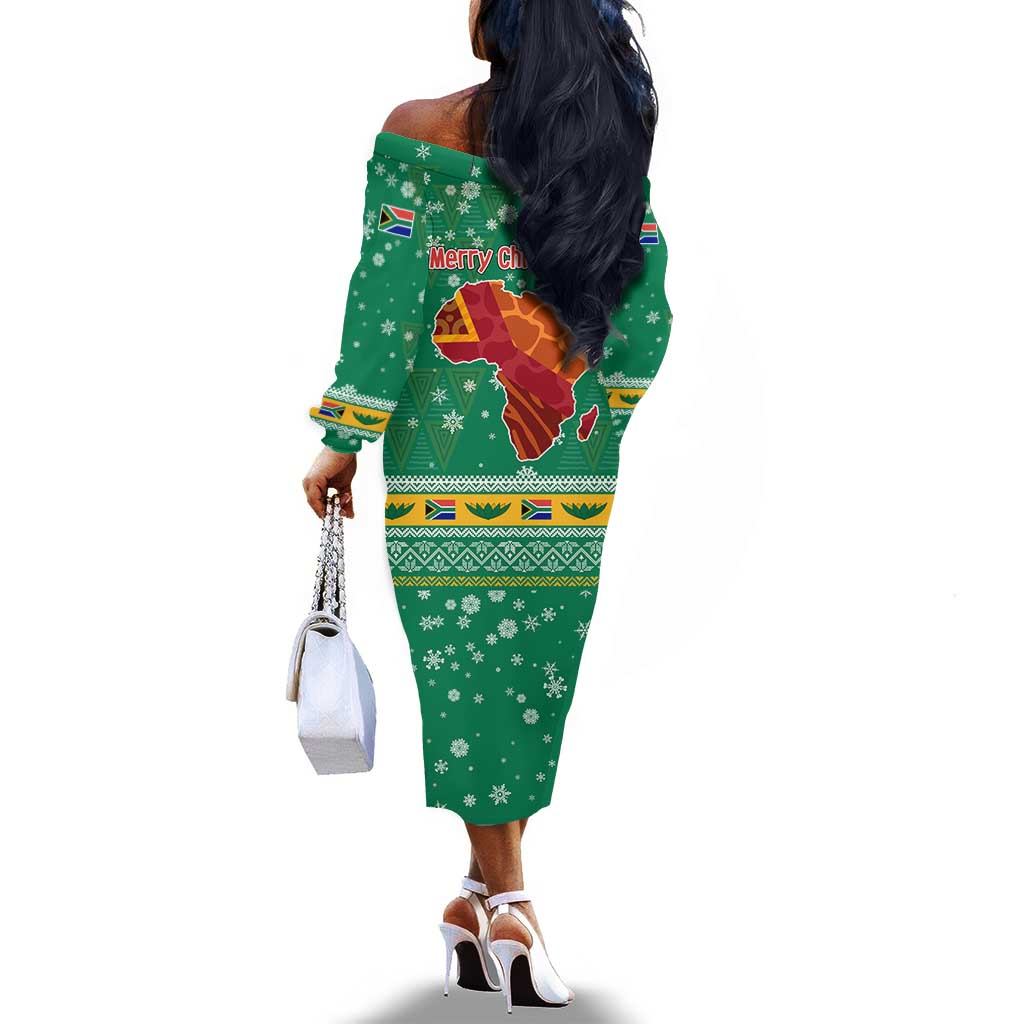 South Africa Christmas Off The Shoulder Long Sleeve Dress Santa Reindeer and Africa Map - African Pride