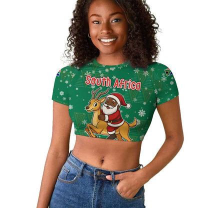 South Africa Christmas Raglan Cropped T shirt Santa Reindeer and Africa Map - African Pride