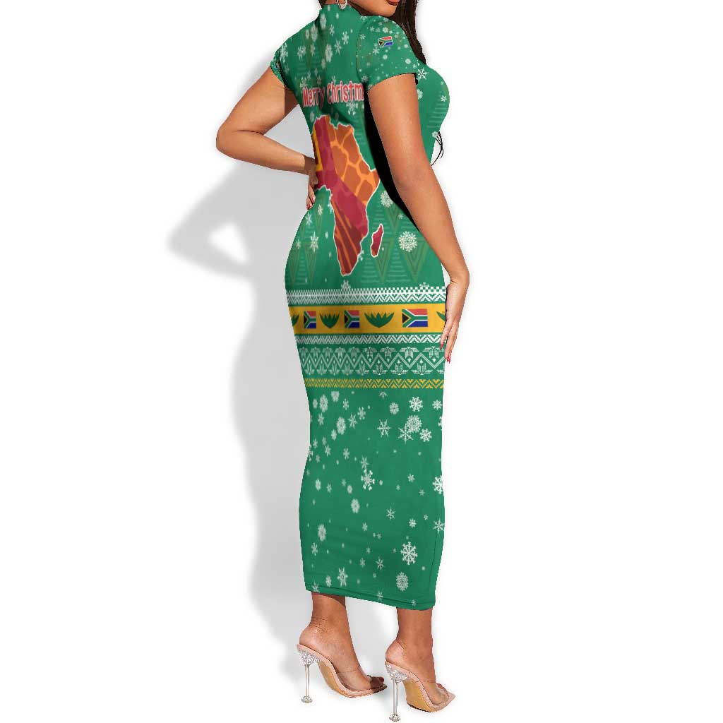 South Africa Christmas Short Sleeve Bodycon Dress Santa Reindeer and Africa Map - African Pride