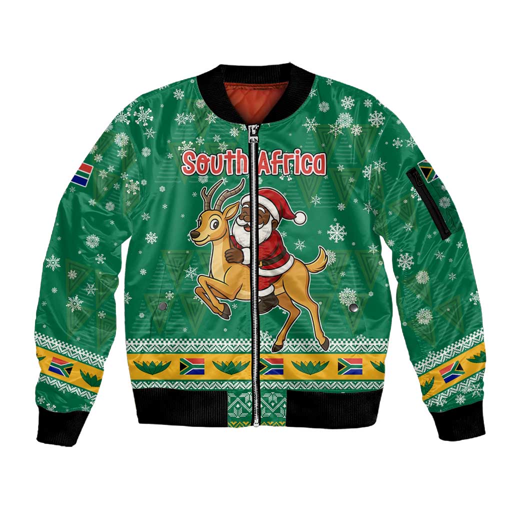 South Africa Christmas Sleeve Zip Bomber Jacket Santa Reindeer and Africa Map - African Pride