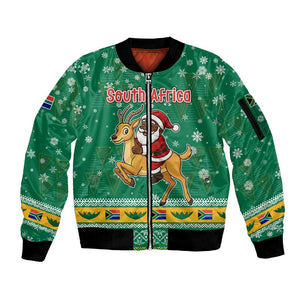 South Africa Christmas Sleeve Zip Bomber Jacket Santa Reindeer and Africa Map - African Pride