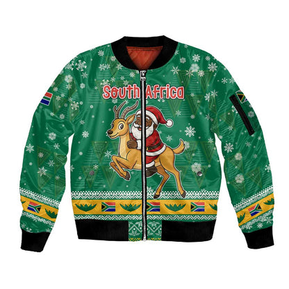 South Africa Christmas Sleeve Zip Bomber Jacket Santa Reindeer and Africa Map - African Pride