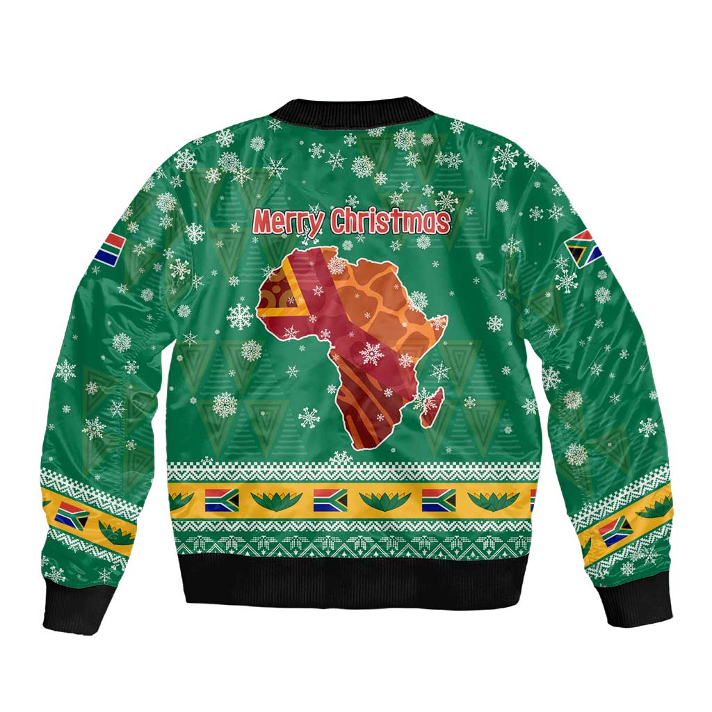 South Africa Christmas Sleeve Zip Bomber Jacket Santa Reindeer and Africa Map - African Pride