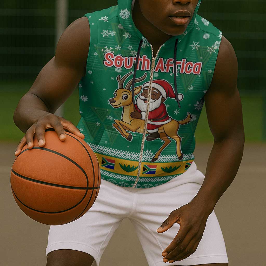 South Africa Christmas Sleeveless Zip Hoodie Santa Reindeer and Africa Map - African Pride