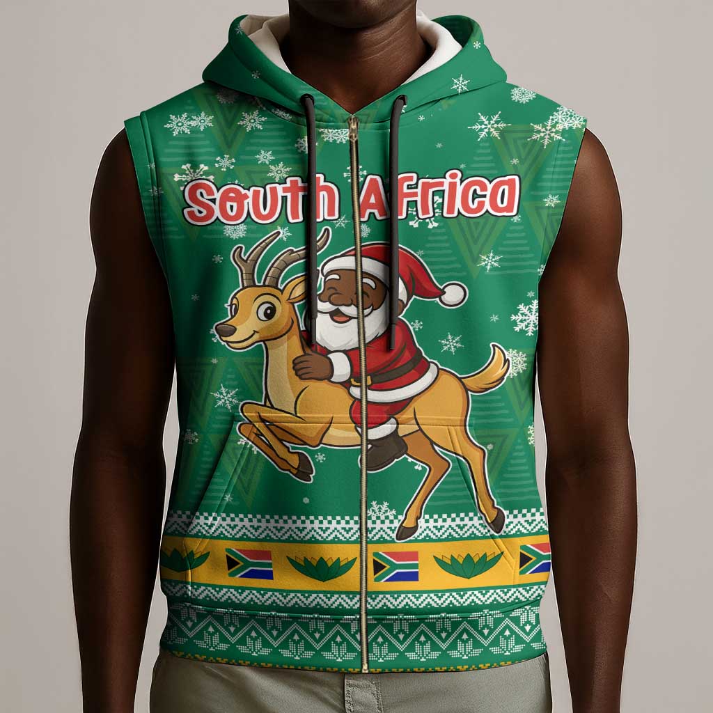 South Africa Christmas Sleeveless Zip Hoodie Santa Reindeer and Africa Map - African Pride