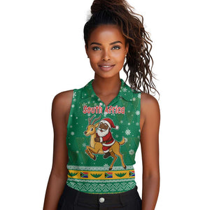 South Africa Christmas Women Sleeveless Polo Shirt Santa Reindeer and Africa Map - African Pride