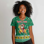 South Africa Christmas Women V-Neck T-Shirt Santa Reindeer and Africa Map - African Pride