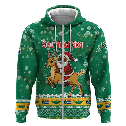 South Africa Christmas Zip Hoodie Santa Reindeer and Africa Map - African Pride