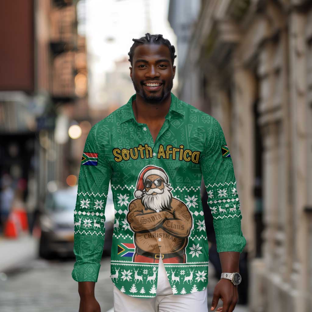 South Africa Christmas Long Sleeve Button Shirt Christmas Santa Claus Tattoo - African Pride