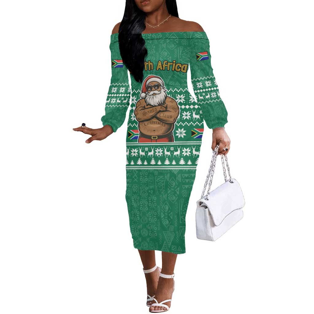 South Africa Christmas Off The Shoulder Long Sleeve Dress Christmas Santa Claus Tattoo - African Pride
