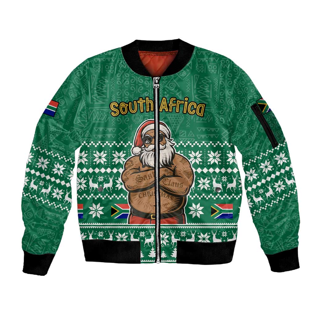 South Africa Christmas Sleeve Zip Bomber Jacket Christmas Santa Claus Tattoo - African Pride
