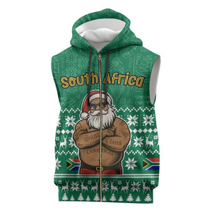 South Africa Christmas Sleeveless Zip Hoodie Christmas Santa Claus Tattoo - African Pride