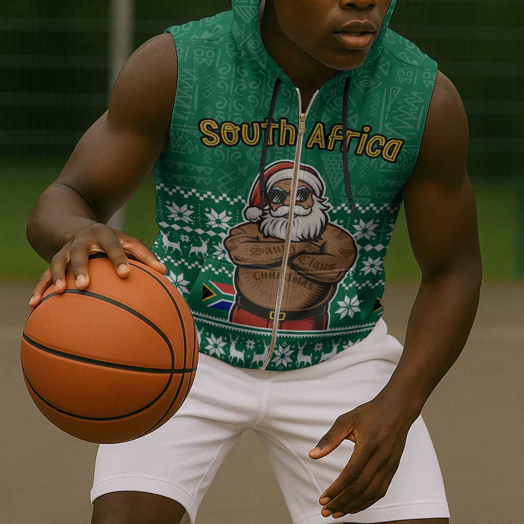 South Africa Christmas Sleeveless Zip Hoodie Christmas Santa Claus Tattoo - African Pride