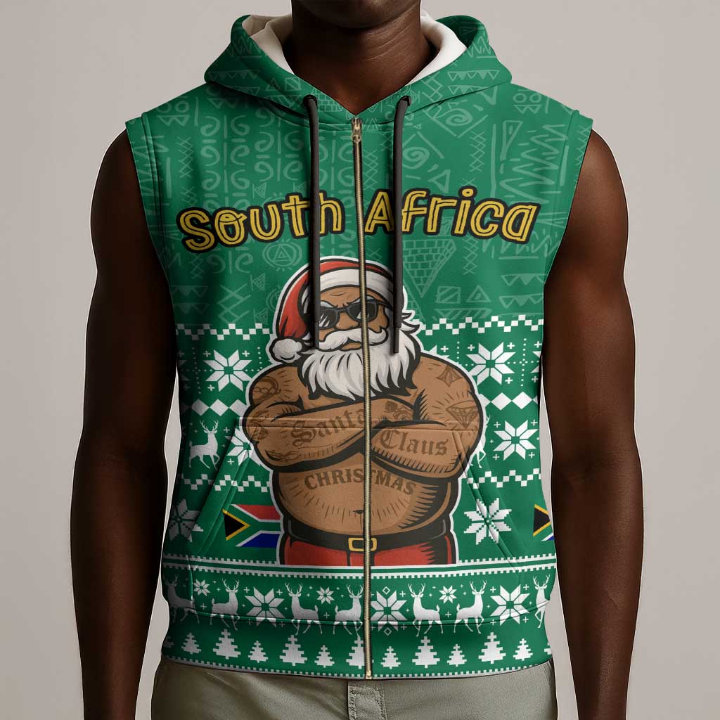 South Africa Christmas Sleeveless Zip Hoodie Christmas Santa Claus Tattoo - African Pride