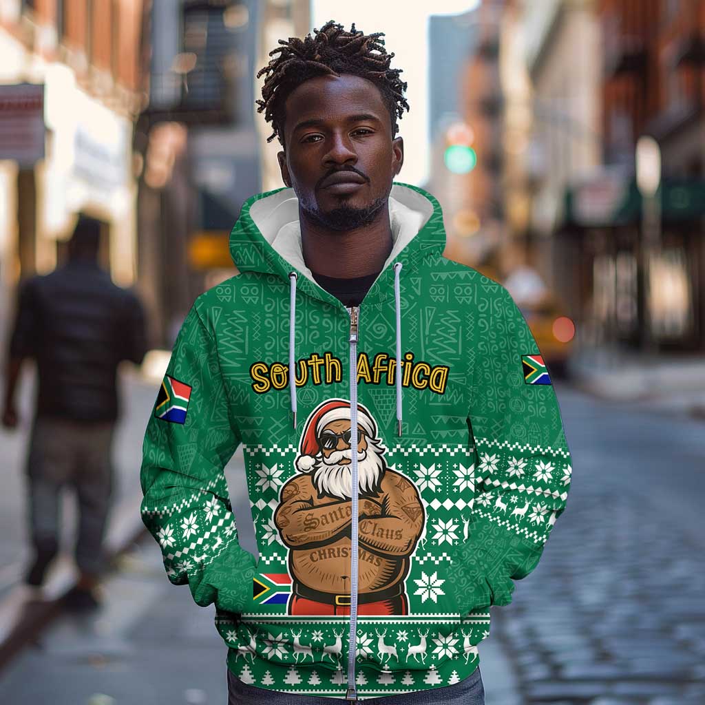 South Africa Christmas Zip Hoodie Christmas Santa Claus Tattoo - African Pride