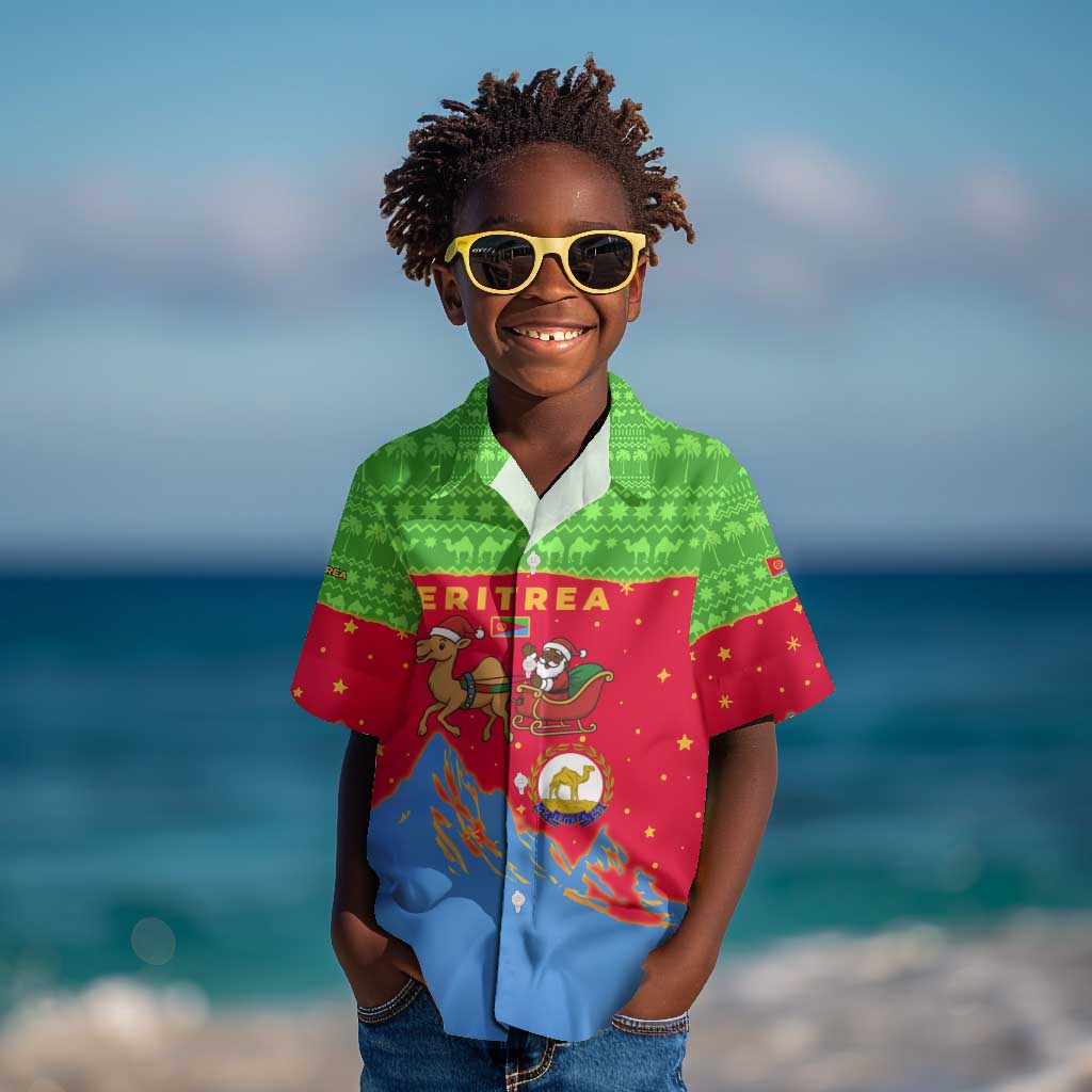 Eritrea Christmas Kid Hawaiian Shirt Santa Claus Camel Sleigh National Emblem - African Pride