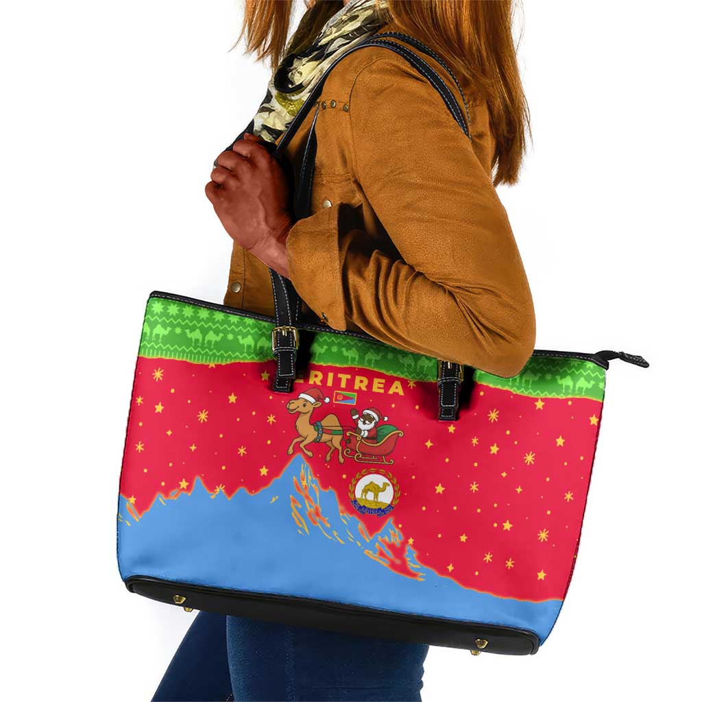 Eritrea Christmas Leather Tote Bag Santa Claus Camel Sleigh National Emblem - African Pride