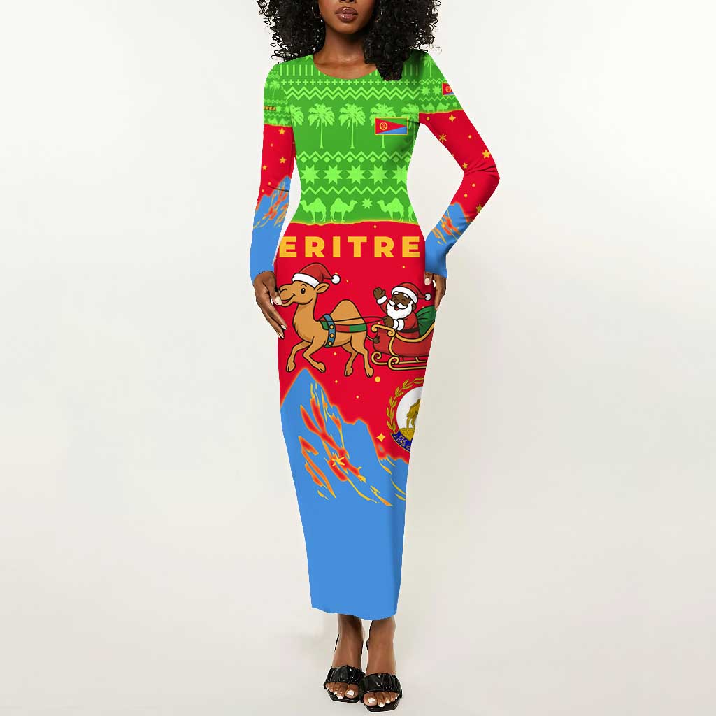 Eritrea Christmas Long Sleeve Bodycon Dress Santa Claus Camel Sleigh National Emblem - African Pride