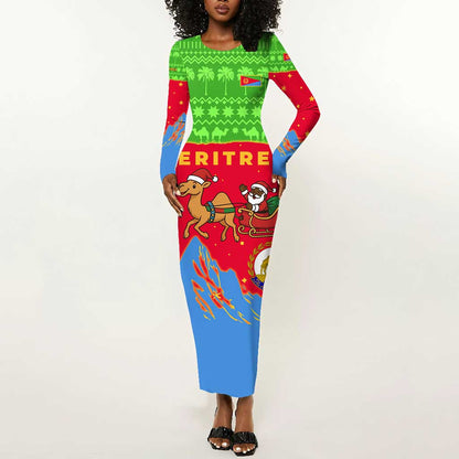 Eritrea Christmas Long Sleeve Bodycon Dress Santa Claus Camel Sleigh National Emblem - African Pride